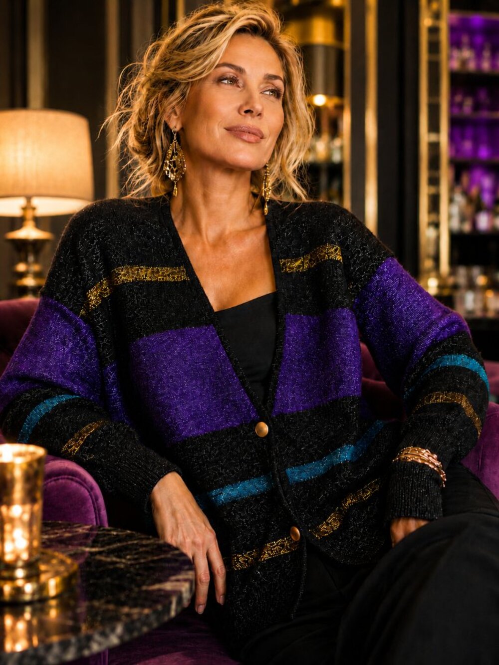 I.B. Diffusion Metallic Lambswool Oversized Cardigan Purple Gold Lurex Knit New